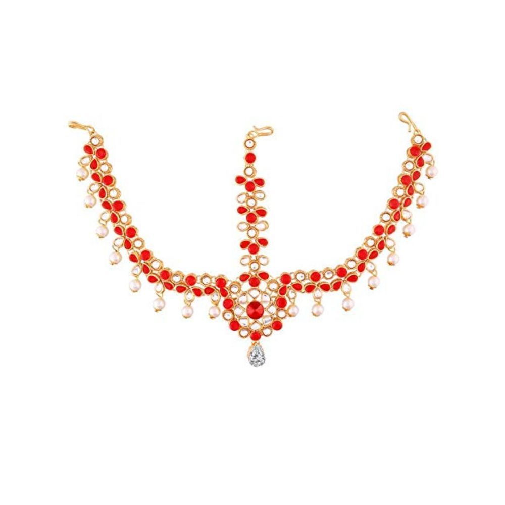 I Jewels Gold Plated Kundan & Pearl Maang Tikka/Matha Patti for Women (T2029R)