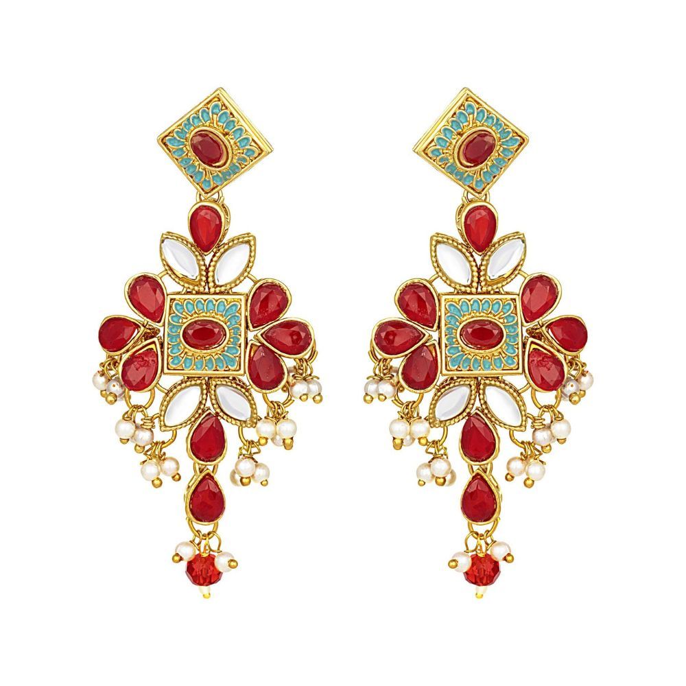 I Jewels Gold Plated Kundan Pearl Meenakari Bridal Necklace Set with Earrings & Maang Tikka for Women (ML183)