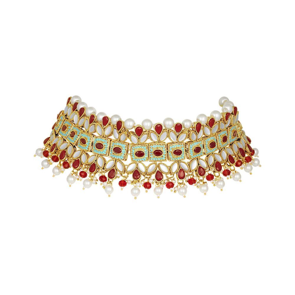 I Jewels Gold Plated Kundan Pearl Meenakari Bridal Necklace Set with Earrings & Maang Tikka for Women (ML183)