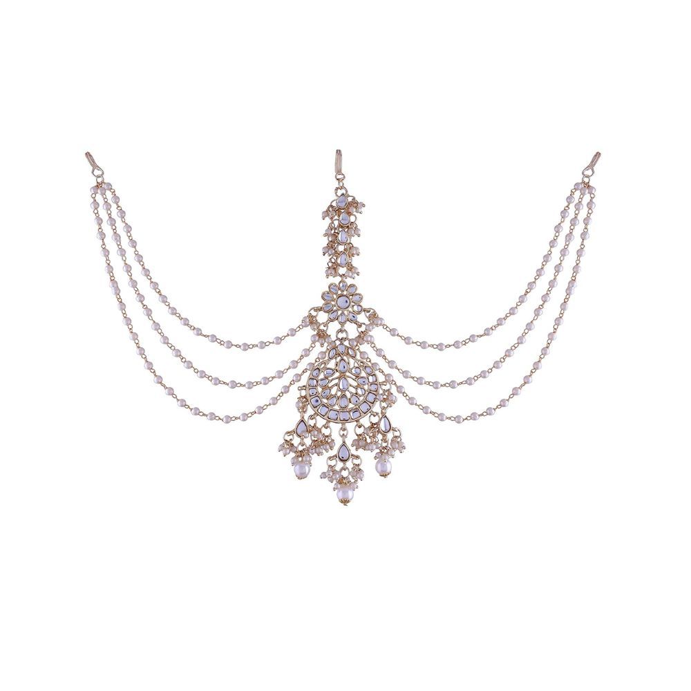 I Jewels Gold-Plated Metal Traditional Floral Kundan Pearl Studded Beaded Head Chain/Paranda (T2077W)