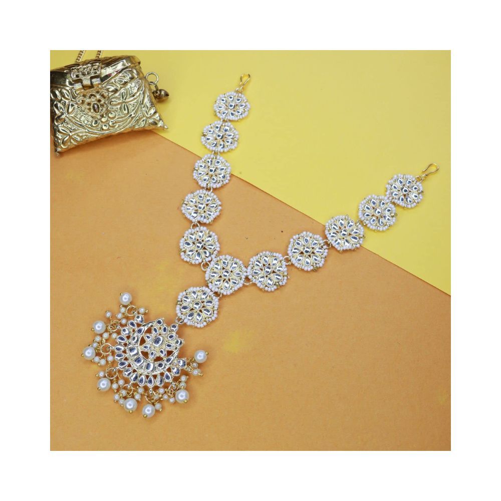 I Jewels Gold-Plated Metal Traditional Floral Kundan Pearl Studded Beaded Head Chain/Paranda (T2077W)