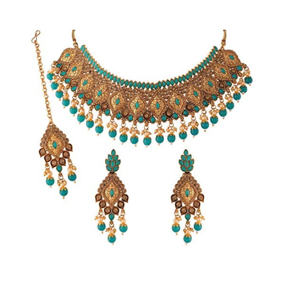 I Jewels Gold Plated Traditional Bridal Pearl Kundan Choker Necklace Jewellery Set for Women (M4158SB)