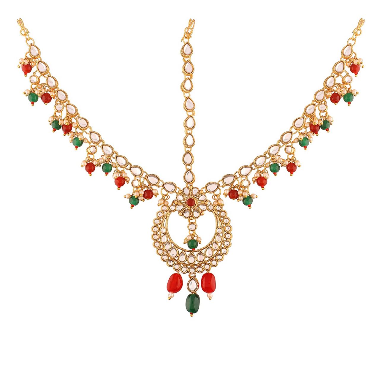 I Jewels Gold Plated Traditional Kundan & Pearl Multi-Colour Matha Patti