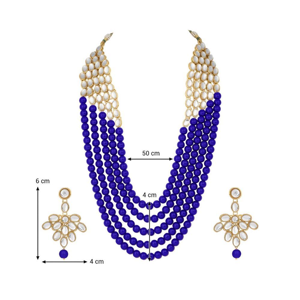 I Jewels Rhodium Plated 5 Layer Faux Mother-of-pearl and Kundan Rani Haar Necklace Jewellery Set with Earrings for Women (IJ350Z)