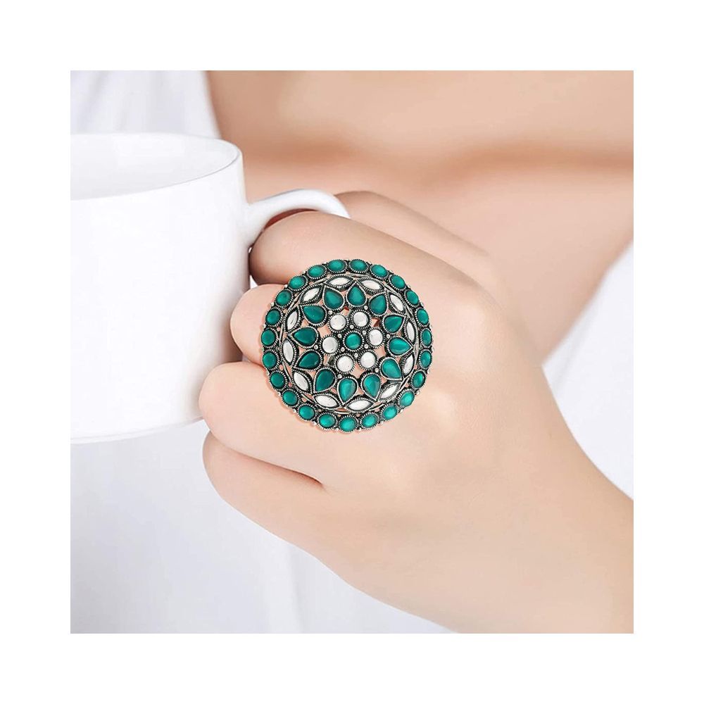 I Jewels Silver Oxidized Kundan Work Designer Adjustable Finger Ring for Women (FL208)