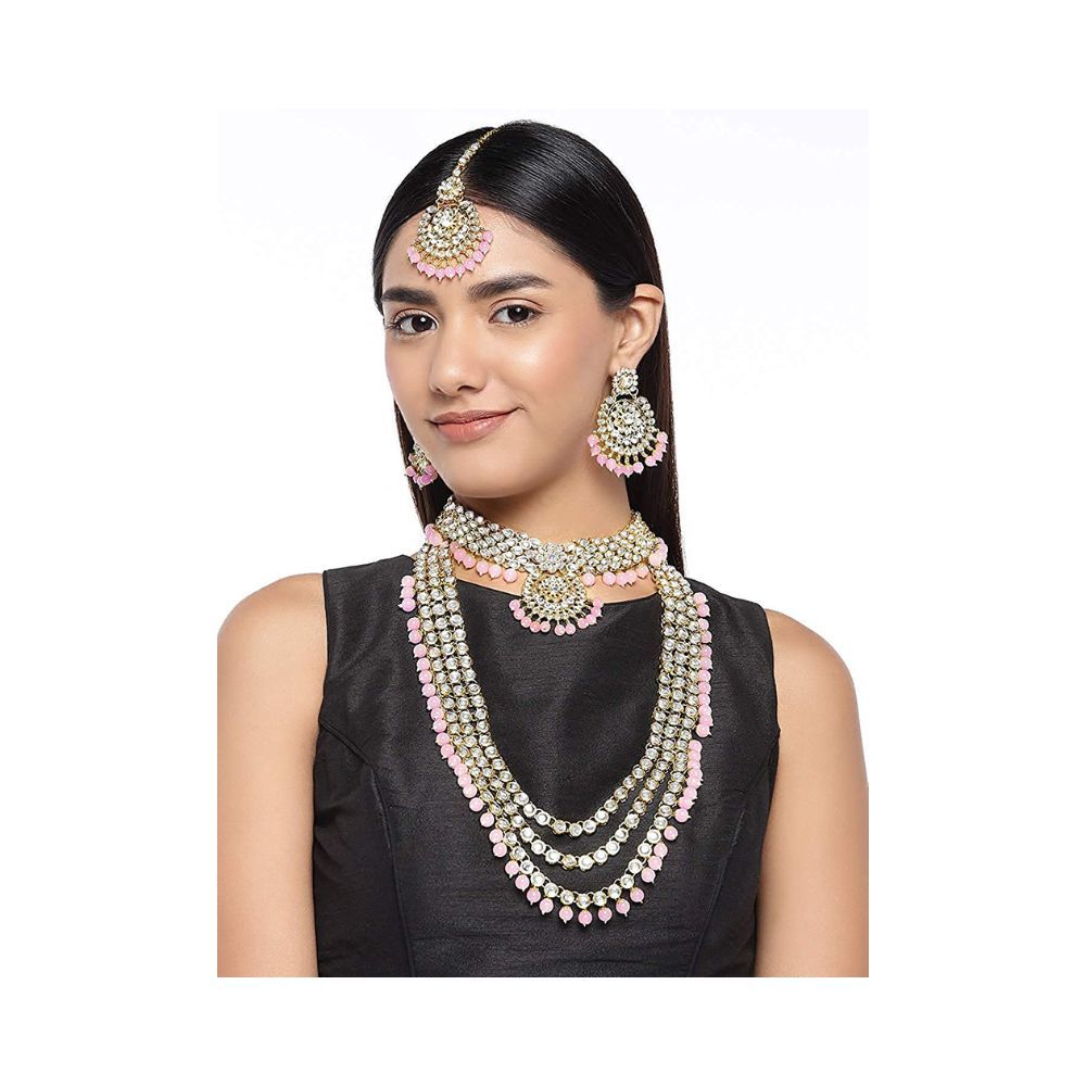 I Jewels Traditional 18K Gold Plated Kundan & Pearl Studded Bridal Choker Necklace Jewellery Set With Earrings & Maang Tikka for Women(IJ325-1)