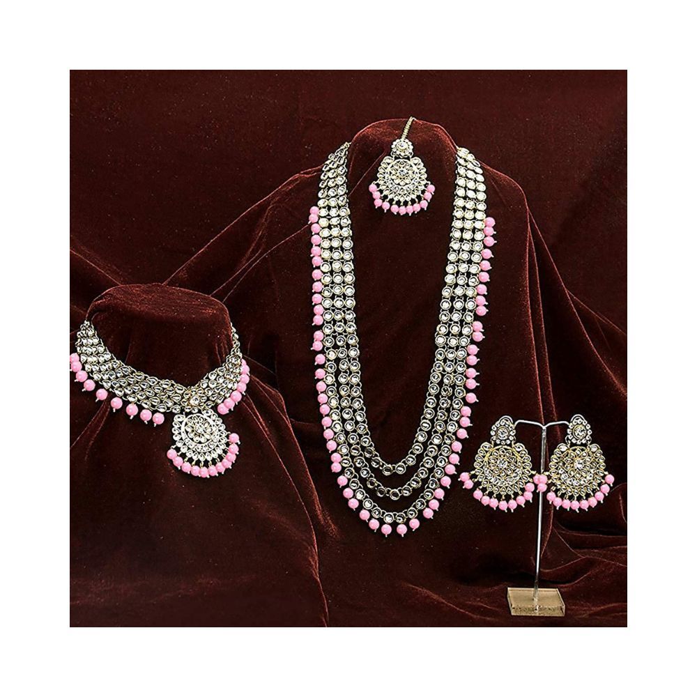 I Jewels Traditional 18K Gold Plated Kundan & Pearl Studded Bridal Choker Necklace Jewellery Set With Earrings & Maang Tikka for Women(IJ325-1)