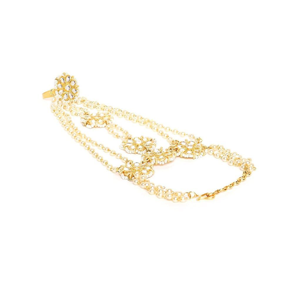 I Jewels Traditional Gold Plated Embellish With Kundan & Pearl Adjustable Haath Phool/Panja Bracelet for Women (PIJ022-23