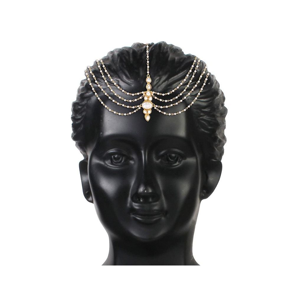 I Jewels Traditional Pearl & Stone Mathapatti Maang Tikka for Women T1082W (White)