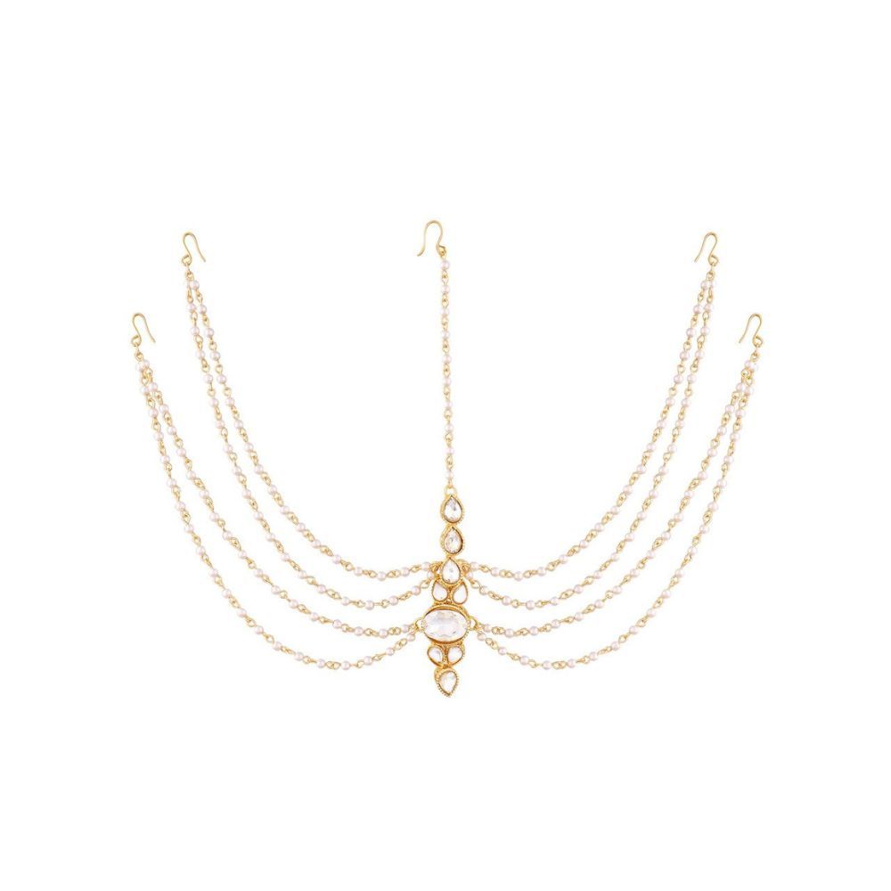 I Jewels Traditional Pearl & Stone Mathapatti Maang Tikka for Women T1082W (White)