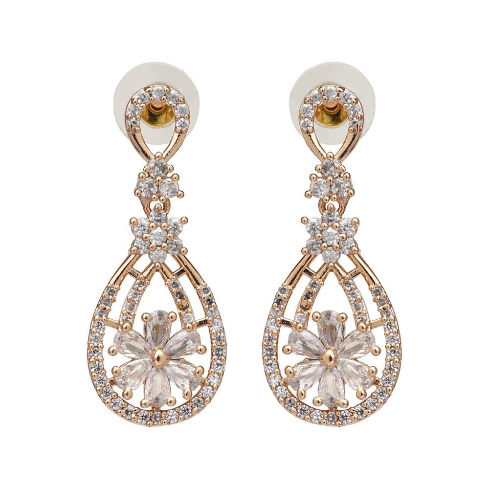 I Jewels Valentine's Special Rose Gold Plated & White AD Studded Drop Earrings for Women (E2976)