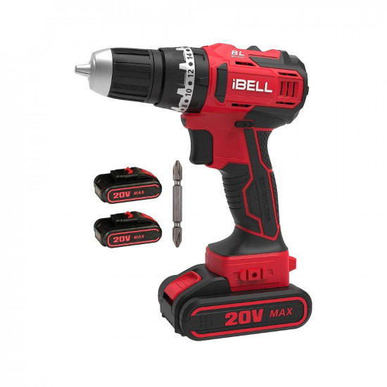 IBELL Brushless Cordless Impact Driver Drill BM18-60, 20 Volts, 1450 RPM, Chuck 10 millimeters, Li-Ion 1500 milliamp_hour, 20 Level Torque, 3 Mode Selections with 2 Batteries, RED