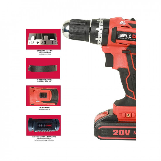 IBELL Brushless Cordless Impact Driver Drill BM18-60, 20 Volts, 1450 RPM, Chuck 10 millimeters, Li-Ion 1500 milliamp_hour, 20 Level Torque, 3 Mode Selections with 2 Batteries, RED
