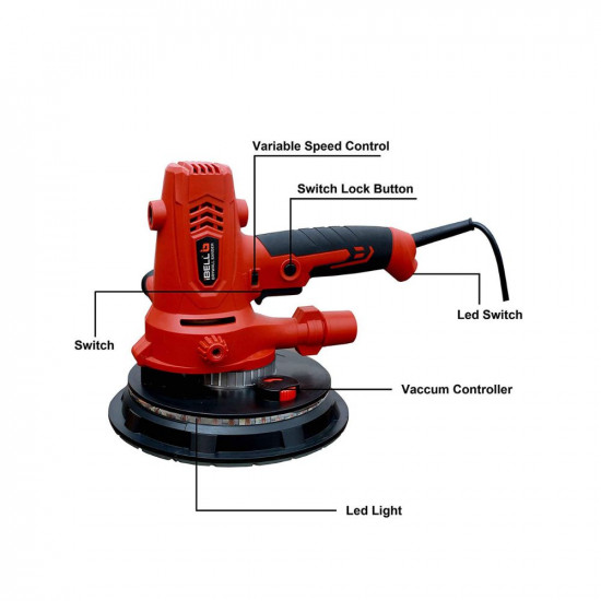 IBELL Dry Wall Sander DS80-70, 800W, Copper Armature, 1200-2300RPM, Variable Speed Control, Switch Lock Feature, 8 Hole vacuum and LED light