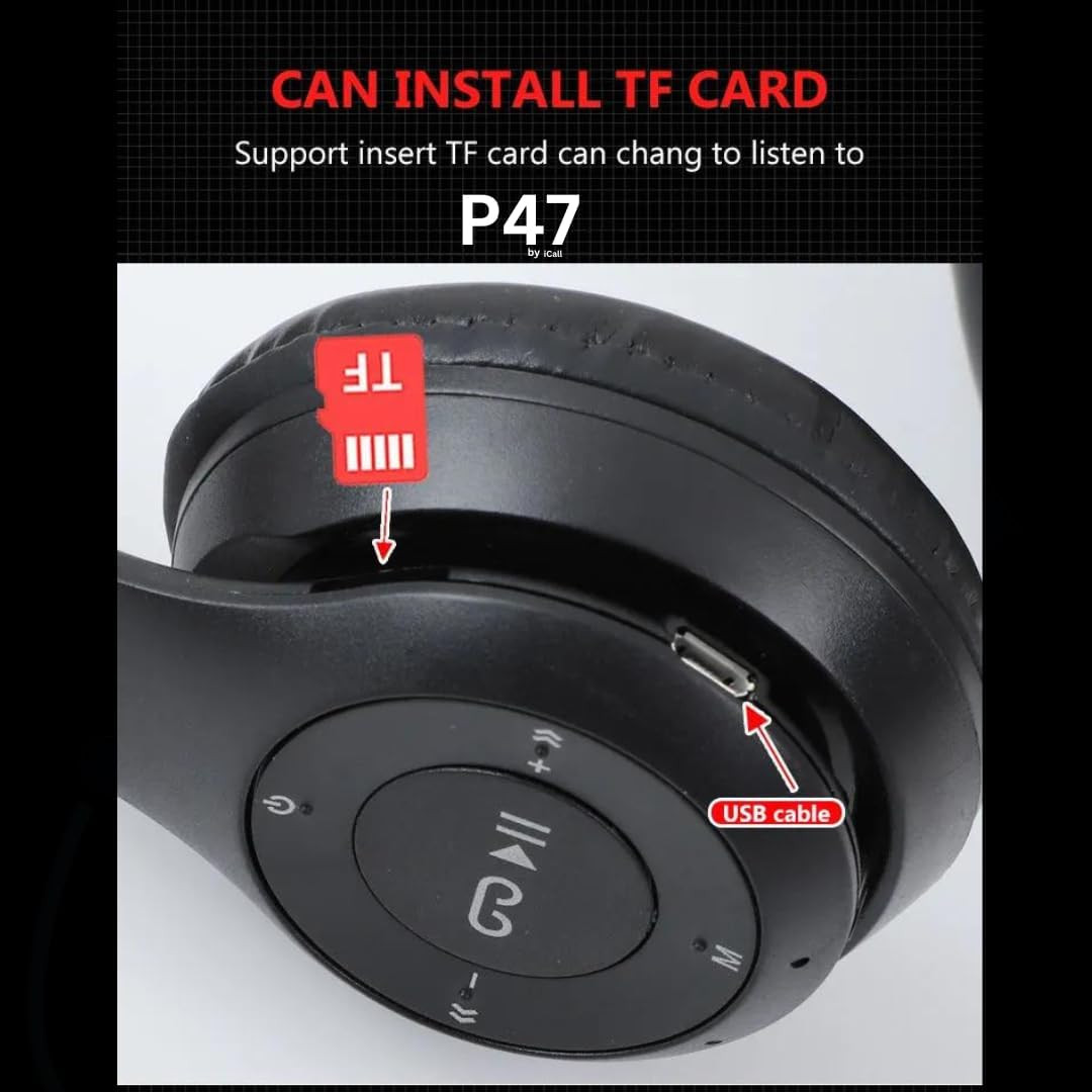 icall P47 Gaming Bluetooth Headphones Over Ear Wireless with Mic Black