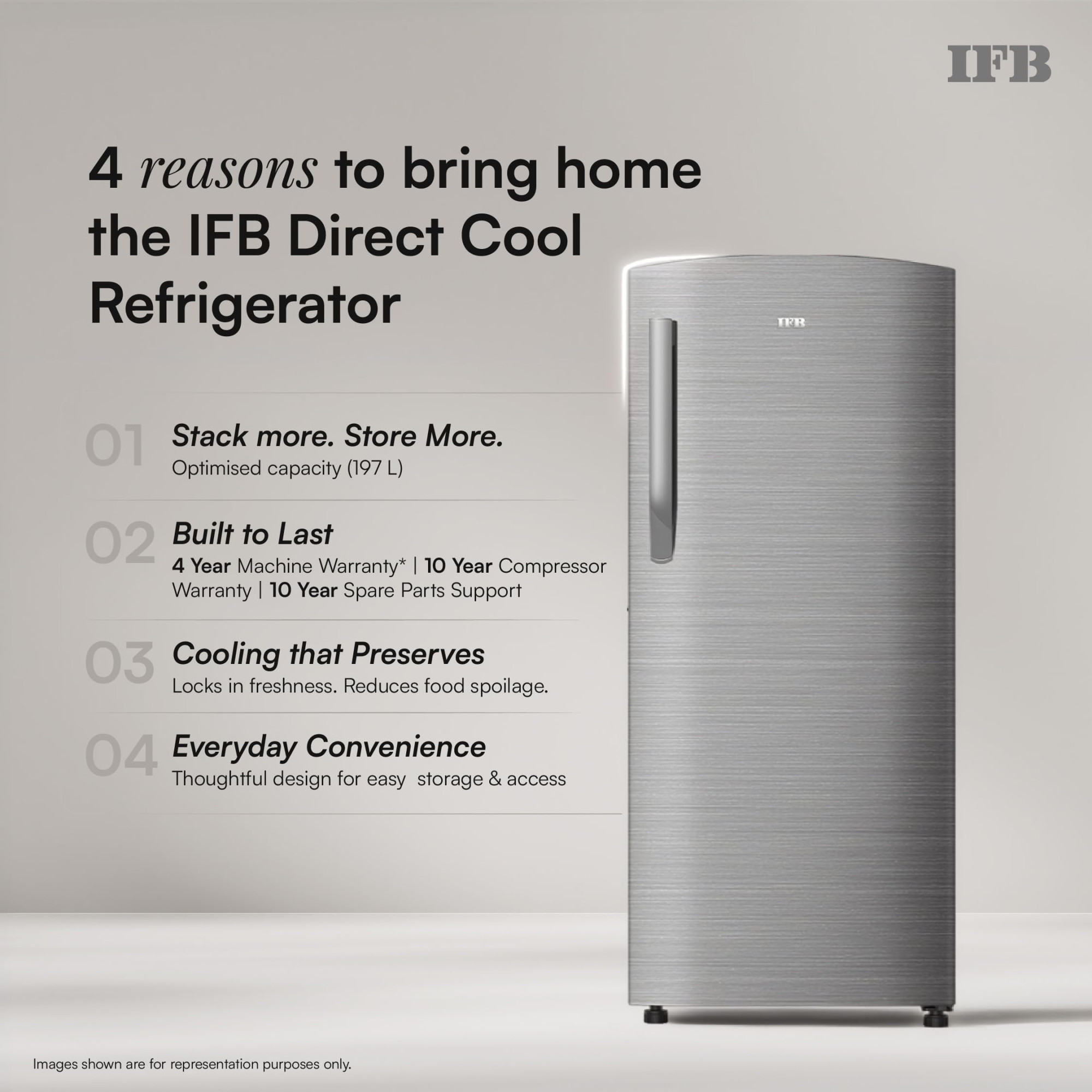 IFB 197L 5 Star Advanced Inverter Direct-Cool Single Door Refrigerator with 30 Hrs Cooling Retention XL Bottle Bin Big Vegetable Box  4 Year Super Warranty 2026 IFBDC-223EYBSE Brush Grey