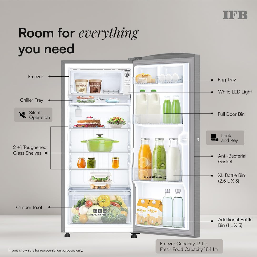 IFB 197L 5 Star Advanced Inverter Direct-Cool Single Door Refrigerator with 30 Hrs Cooling Retention XL Bottle Bin Big Vegetable Box 4 Year Super Warranty 2026 IFBDC-223EYBSE Brush Grey