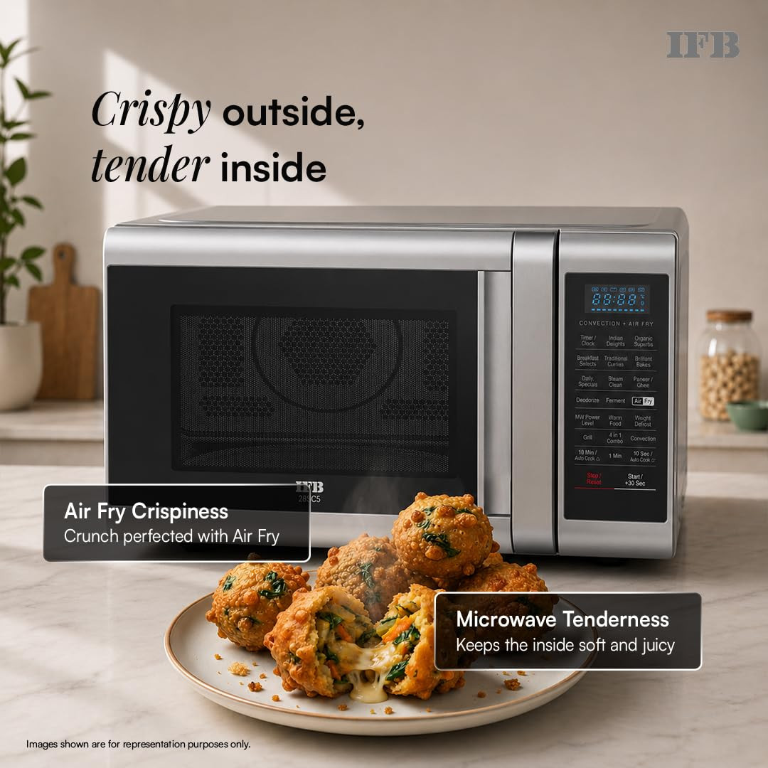 IFB 28 L Convection Microwave with Air Fry Grill Multi-Stage Cooking Fermentation Homemade PaneerGhee Modes 300 Auto Cook Menus 28SC5 Silver Weight Defrost Steam Clean 10 Power Levels