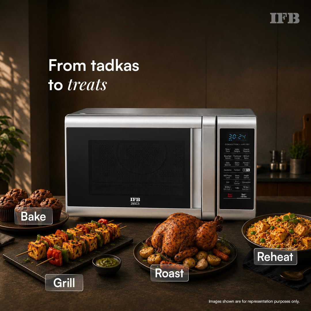 IFB 28 L Convection Microwave with Air Fry Grill Multi-Stage Cooking Fermentation Homemade PaneerGhee Modes 300 Auto Cook Menus 28SC5 Silver Weight Defrost Steam Clean 10 Power Levels