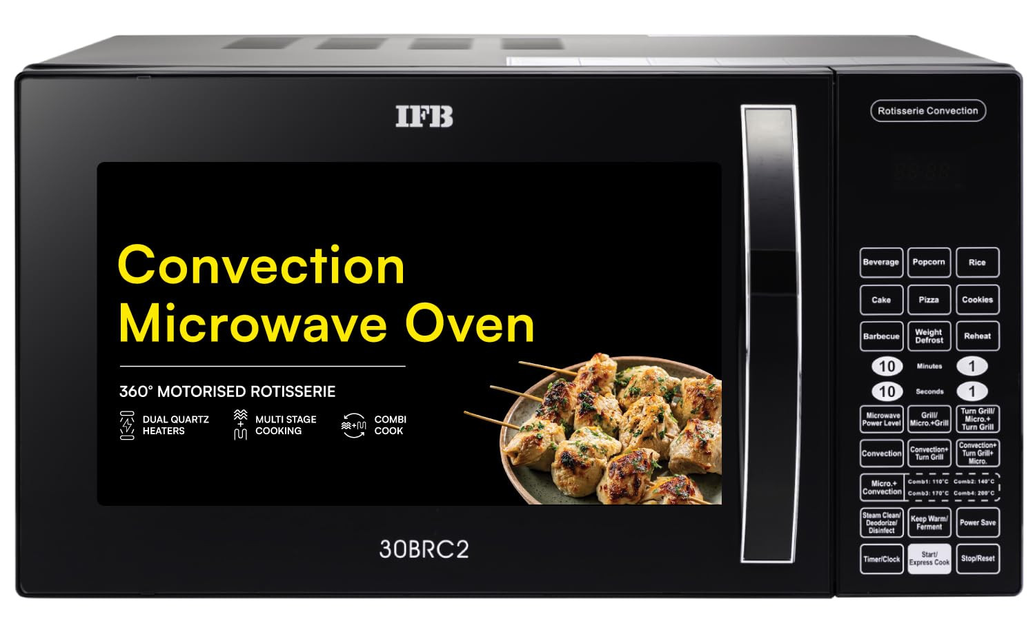 IFB 30L Convection Microwave Oven with 101 Standard Cook Menus 30BRC2 Black 360 Degree Motorized Rotisserie Weight Defrost Steam Clean Grill 4 combi cook modes 10 Power Levels