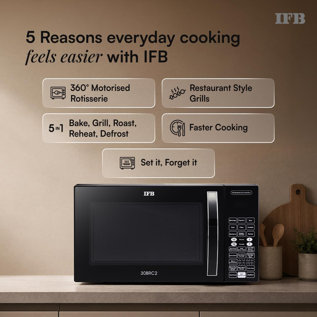 IFB 30L Convection Microwave Oven with 101 Standard Cook Menus 30BRC2 Black 360 Degree Motorized Rotisserie Weight Defrost Steam Clean Grill 4 combi cook modes 10 Power Levels