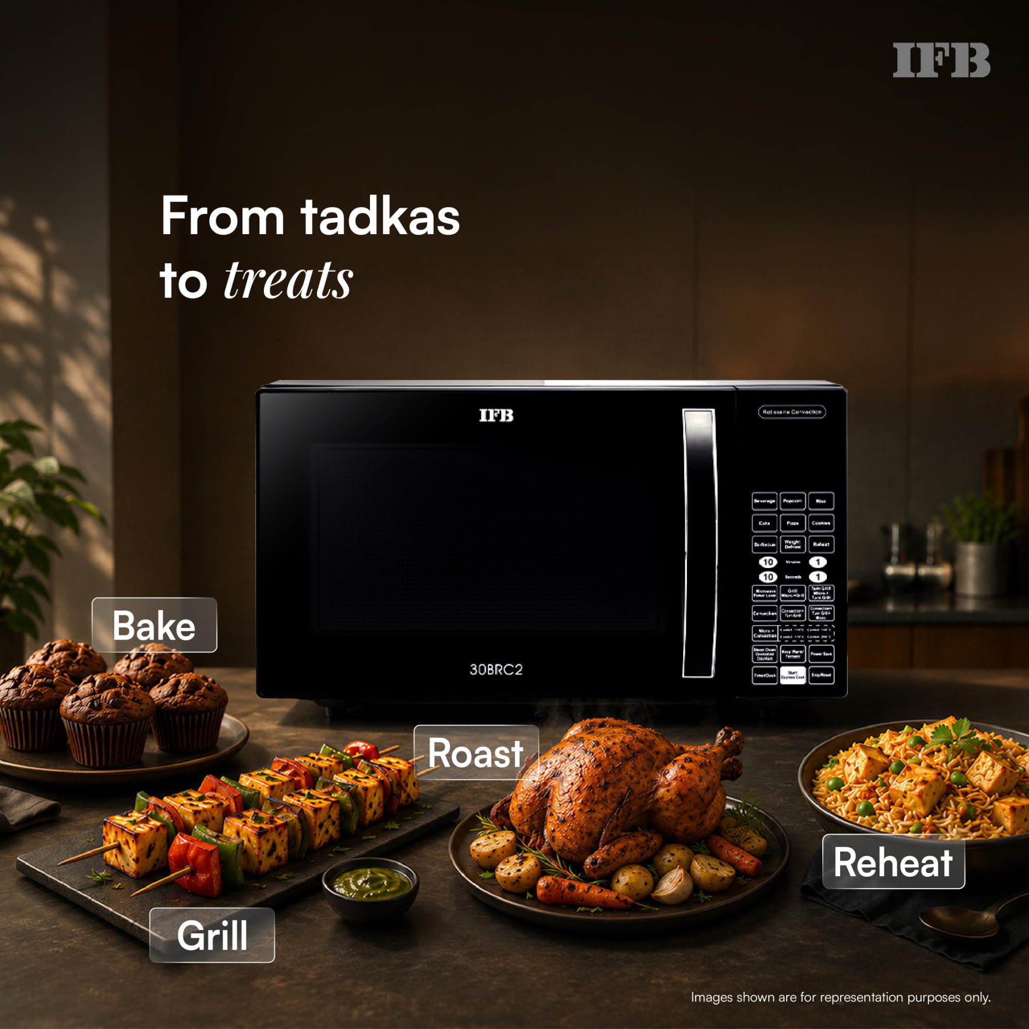 IFB 30L Convection Microwave Oven with 101 Standard Cook Menus 30BRC2 Black 360 Degree Motorized Rotisserie Weight Defrost Steam Clean Grill  4 combi cook modes 10 Power Levels