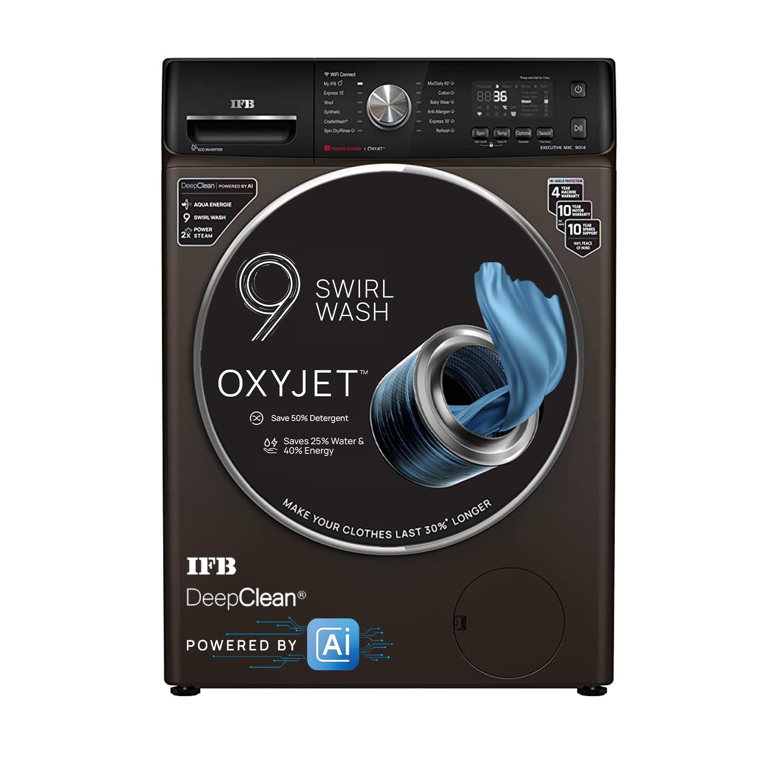 IFB 9 Kg 5 Star AI Eco Inverter Fully Automatic Front Load Washing Machines with Wifi EXECUTIVE MXC 9014 2023 Model Mocha Oxyjet 9 Swirl Wash 4 Years Comprehensive Warranty