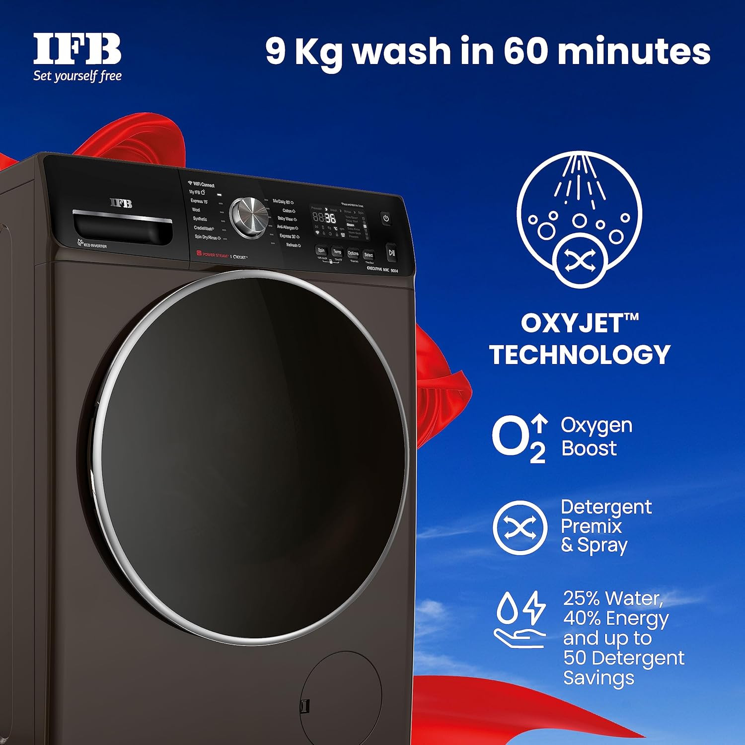 IFB 9 Kg 5 Star AI Eco Inverter Fully Automatic Front Load Washing Machines with Wifi EXECUTIVE MXC 9014 2023 Model Mocha Oxyjet 9 Swirl Wash 4 Years Comprehensive Warranty