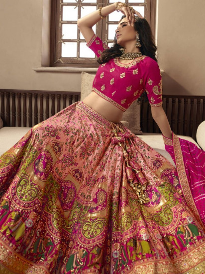 Imperial Pink Zari Banarasi Silk Bridal Wear Lehenga choli