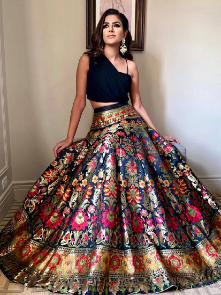 Impressive Black Banarasi Indo-Western Crop Top Lehenga