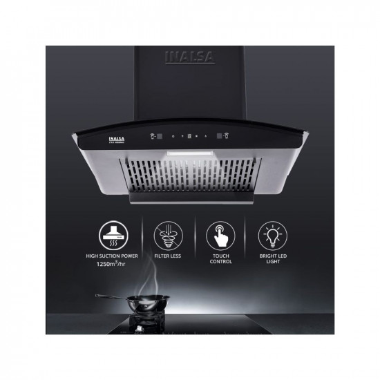 INALSA Kitchen Chimney for Home Auto clean|Filterless Chimney|Motion Sensor & Touch Control|60 cm 1250 m³/hr Suction|7 Year Warranty On Motor (Zylo60BKMAC)