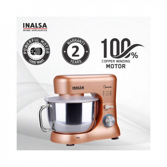 INALSA Stand Mixer Kratos-1000W | 100% Pure Copper Motor| 5L SS Bowl| 8 Speed Control