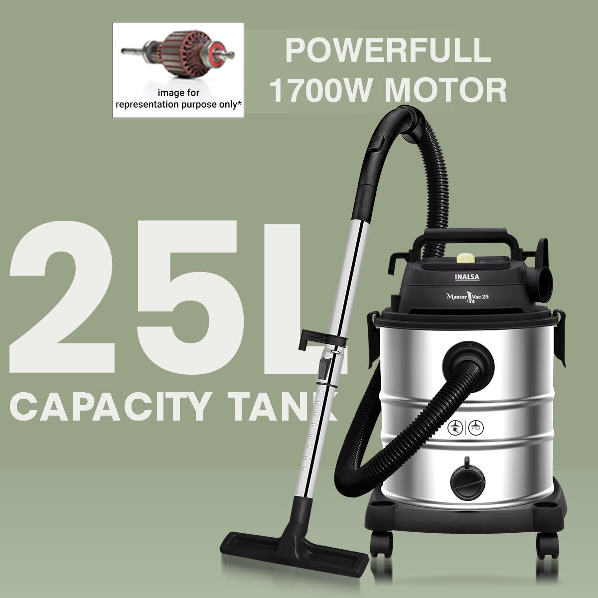 INALSA Vacuum Cleaner Wet and Dry Heavy Duty 1700 W  25 Ltr Capacity22KPA SuctionHEPA Filter  Metal Telescopic Tube2 Year WarrantySS Metal TankFor HomeOfficeHotel Cleaning Master Vac 25