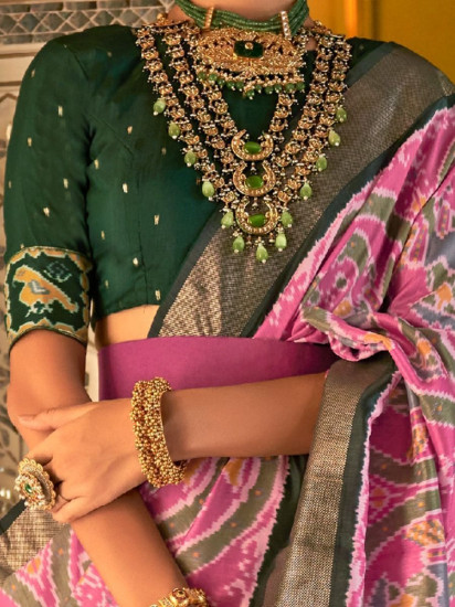 Incredible Pink And green Patola Printed Dola Silk Saree (Un-Stitched)
