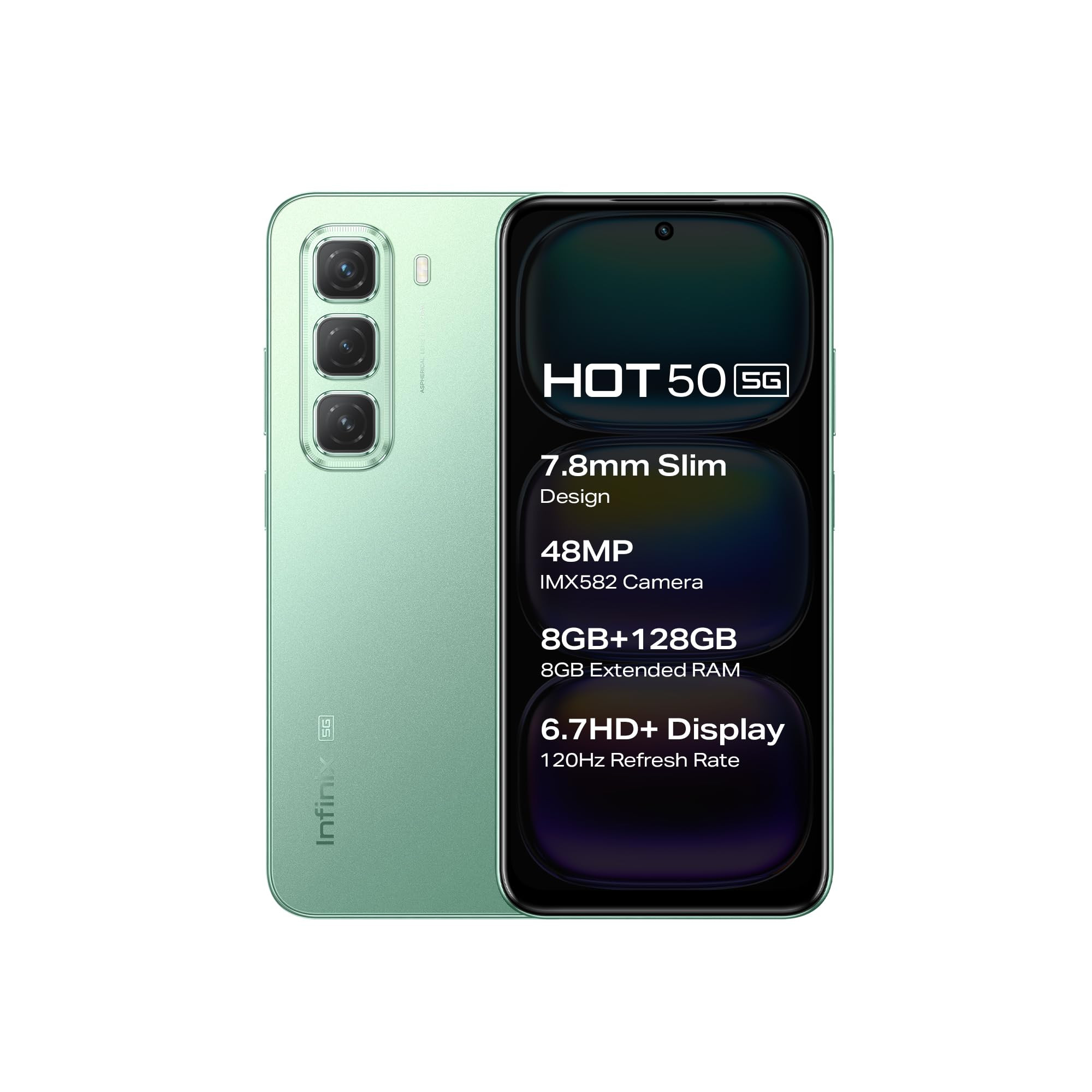 Infinix HOT 50 5G Sage Green 4GB RAM 128GB Storage 5 Year Fluency Rating  48MP Camera  5000mAh Battery with FastCharge  78mm Slim Design AI