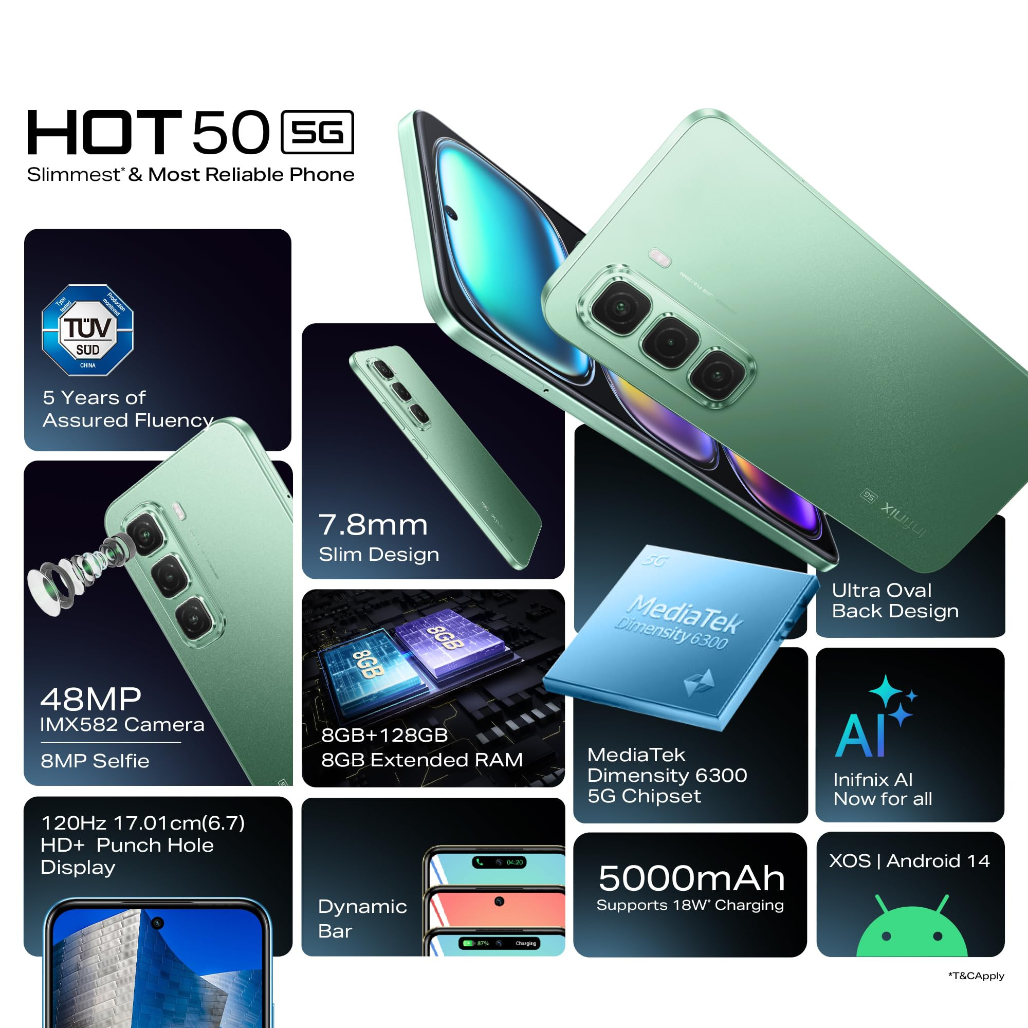 Infinix HOT 50 5G Sage Green 4GB RAM 128GB Storage 5 Year Fluency Rating  48MP Camera  5000mAh Battery with FastCharge  78mm Slim Design AI