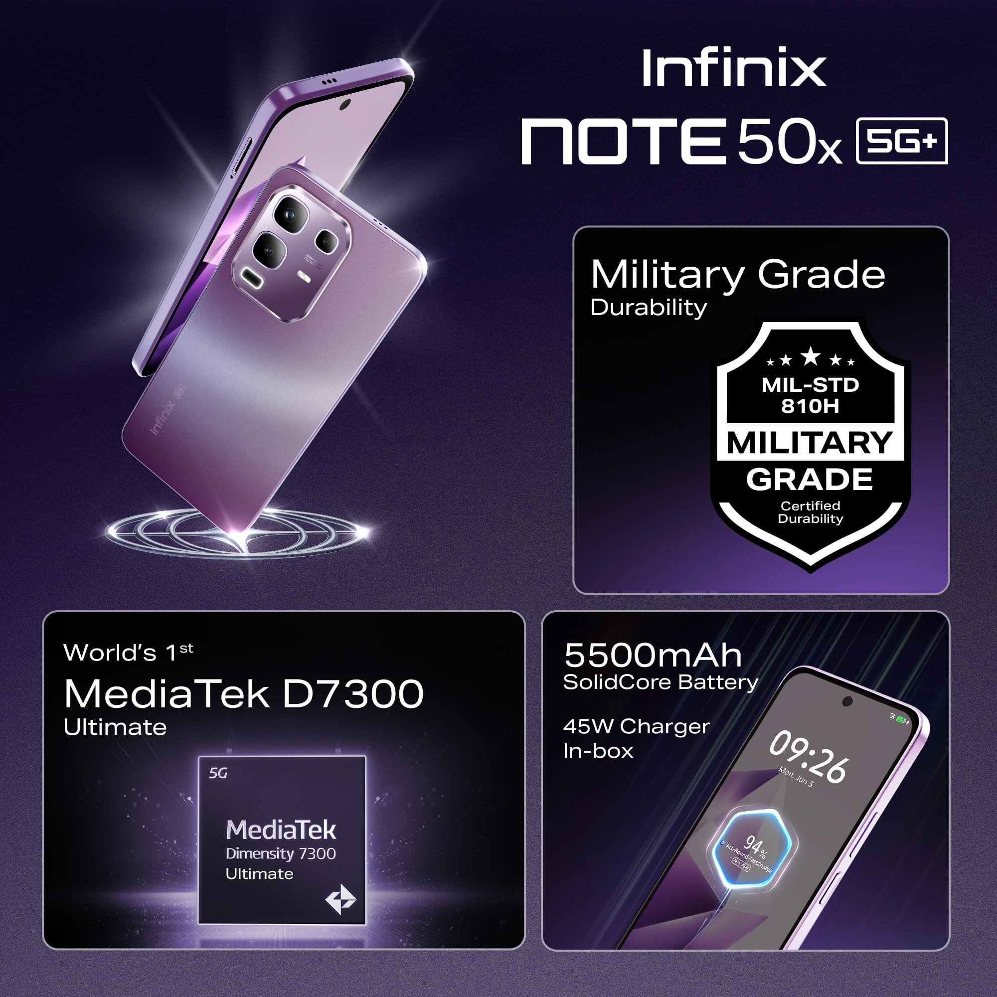Infinix Note 50x 5G Enchanted Purple 6GB RAM 128GB Storage  MediaTek D7300 Ultimate  90FPS BGMI Gaming  5500mAH Battery with 45W FastCharge  650K AnTuTu AI