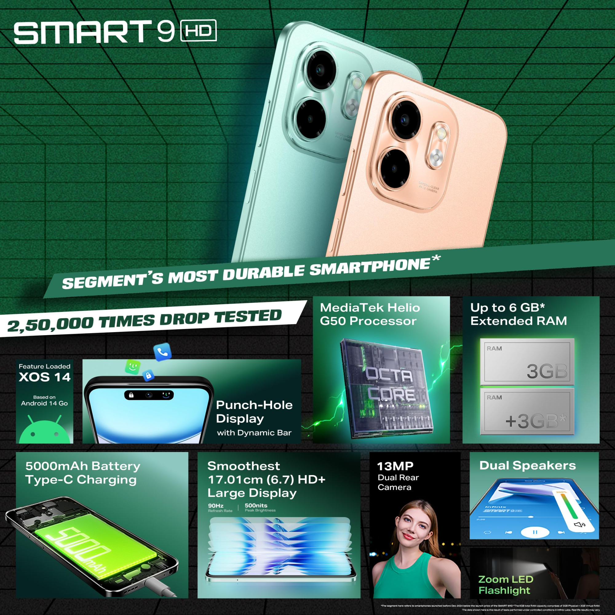 Infinix Smart 9 HD Neo Titanium 3GB RAM 64GB Storage  250K Drop Tests  90Hz Punch Hole Display  5000mAh Battery