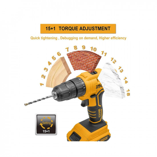 INGCO 20V Cordless Drill, 15+1 0.8-10mm 45NM 2-speed Gear, 0-400/0-1500/rpm Electric Drill Machine, Drill Machine Kit 2pcs Lithium-ion 1.5Ah Battery,1 Fast Charger, 1pcs Screwdr (1 Set), Orange,Black