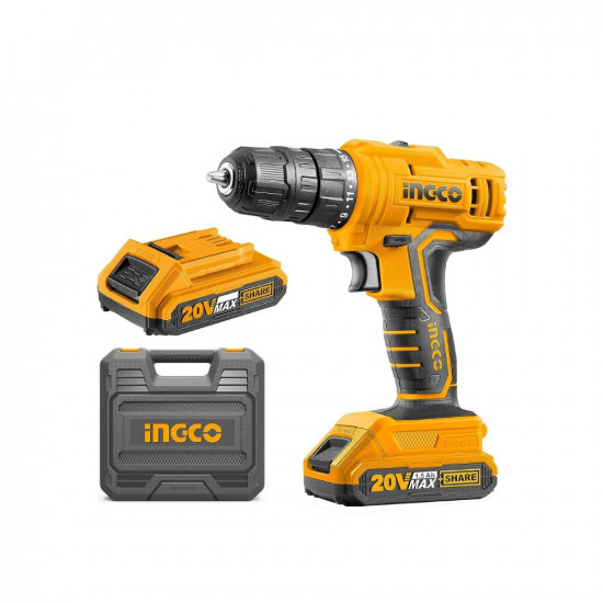 INGCO 20V Cordless Drill, 15+1 0.8-10mm 45NM 2-speed Gear, 0-400/0-1500/rpm Electric Drill Machine, Drill Machine Kit 2pcs Lithium-ion 1.5Ah Battery,1 Fast Charger, 1pcs Screwdr (1 Set), Orange,Black