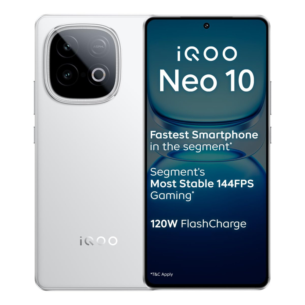 Image of iQOO Neo 10 (Alpine White, 8GB RAM, 256GB Storage) | Segment's Fastest Processor* with Snapdragon 8s Gen 4 &amp; Supercomputing chip Q1 | 120W FlashCharge | Segment's Brightest AMOLED Display*