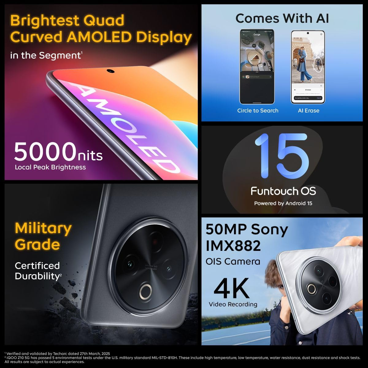 iQOO Z10 5G Silver 8GB RAM 128GB Stroage  Indias Biggest Ever 7300 mAh Battery  Snapdragon 7s Gen 3 Processor  Brightest Quad Curved AMOLED Display in The Segment