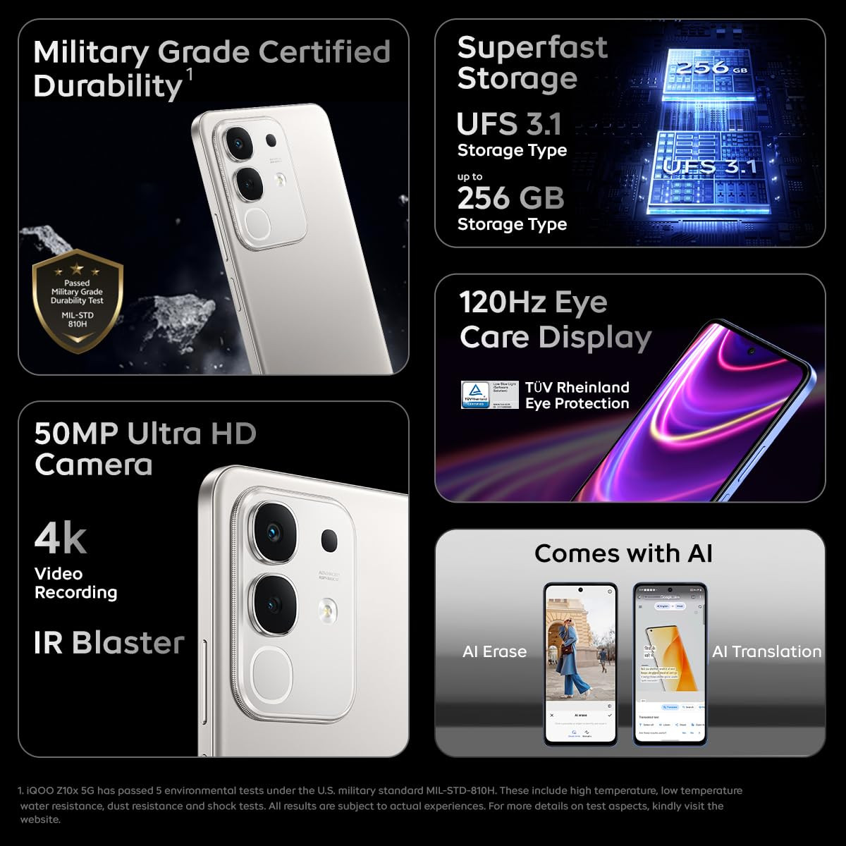 iQOO Z10x 5G Titanium 8GB RAM 256GB Storage  6500 mAh Large Capacity Battery  Dimensity 7300 Processor  Military-Grade Durability