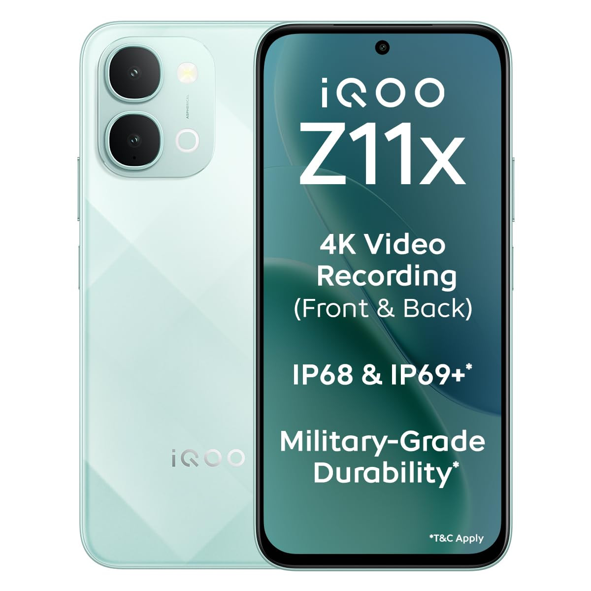 iQOO Z11x 5G Prismatic Green 6GB RAM 128 GB Storage  Dimensity 7400-Turbo Processor  7200 mAh Battery  4K Video Recording Front  Back  IP68  IP69  Powered by OriginOS 6