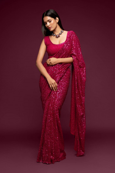Isha Ambani Sabyasachi Pink Sequins Georgette Party Wear Saree With Blouse(Un-Stitched)