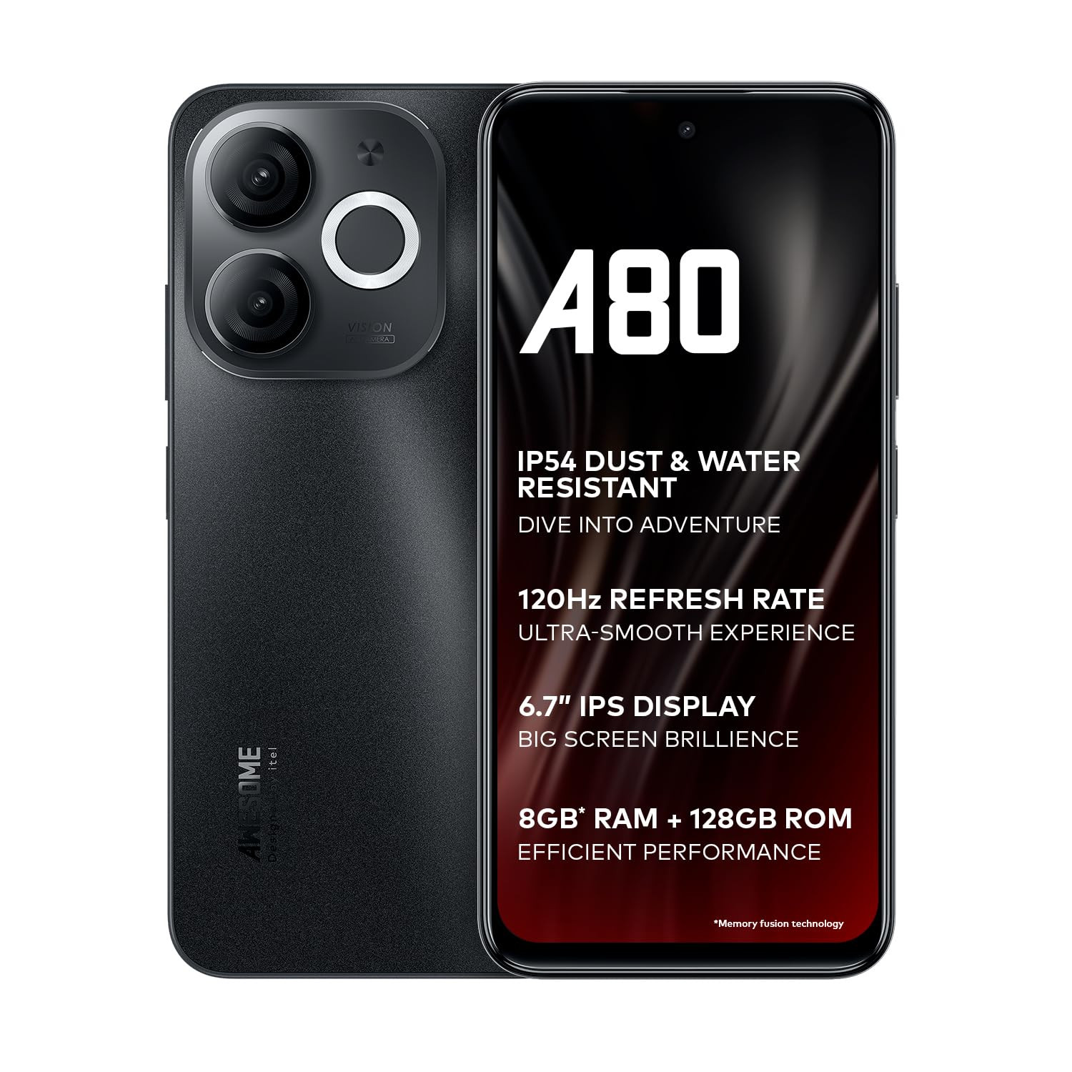 itel A80  120Hz Refresh Rate  Punch Hole Display  50MP Super HDR Cam  IP54 Dust  Splash Resistant  3 Year Fluency  Ring Light Notification  4GB RAM 128GB ROM  Sandstone Black