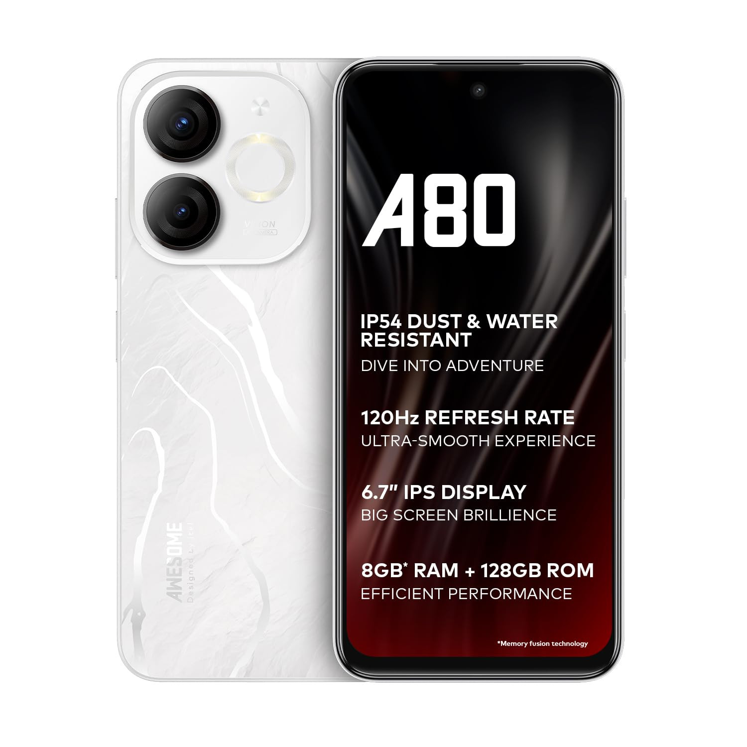 itel A80  120Hz Refresh RatePunch Hole Display50MP Super HDR Cam IP54 Dust  Splash Resistant  3 Year Fluency  Ring Light Notification  8GB RAM 128GB ROM  Glacier White