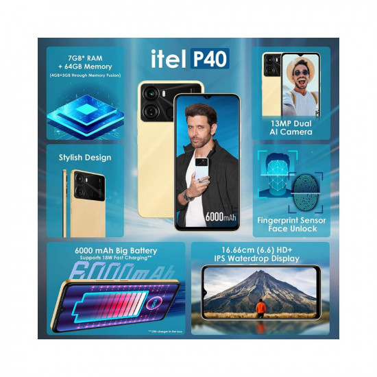 Itel P40 (6000mAh Battery with Fast Charging | 4GB RAM + 64GB ROM ( Luxurious Gold)