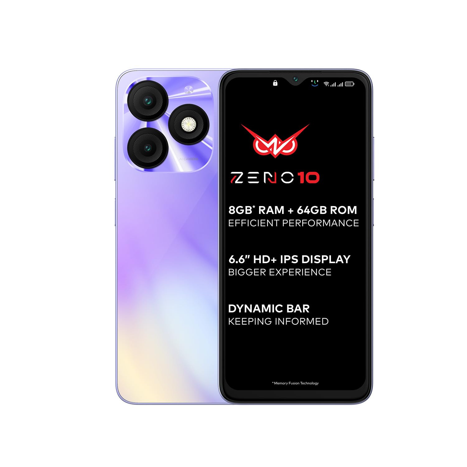 itel ZENO 1066 HD Display with Dynamic Bar 3GB RAM 64GB ROM Upto 8GB RAM with Memory FusionOctacore Processor8MP AI Dual Rear Cam5000 mAh Battery Opal Purple