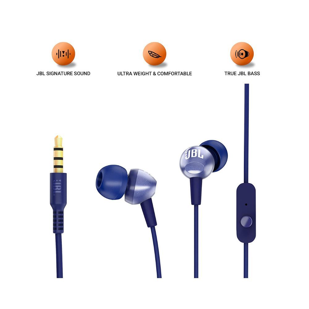 JBL C200SI, Premium in Ear Wired Earphones with Mic, Signature Sound, One Button Multi-Function Remote, Angled Earbuds for Comfort fit (Blue)